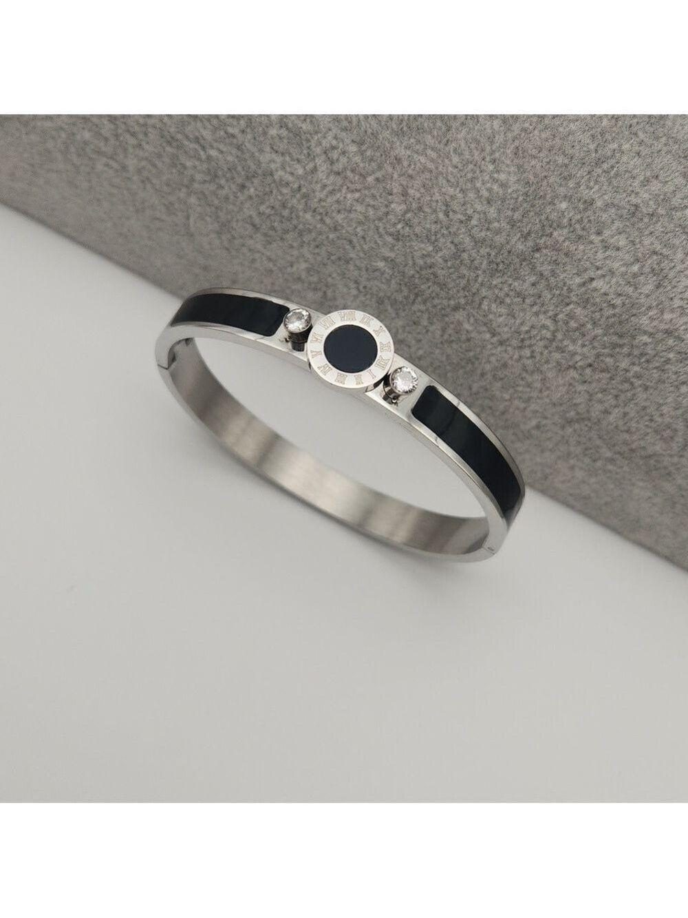Silver Tone Roman Numeral Black Enamel Accent Bangle Bracelet, Zircon Details